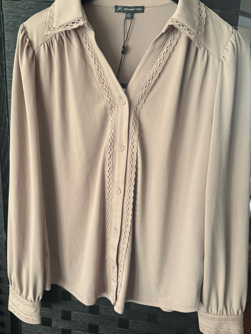 Adrianna Papell Lace Trim Blouse Dusty Taupe Size M NWT $79